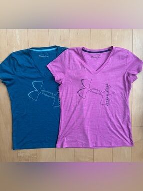 Lot of 2 Under Armour HEATGEAR Performance V-Neck athletic Loose fit shirts